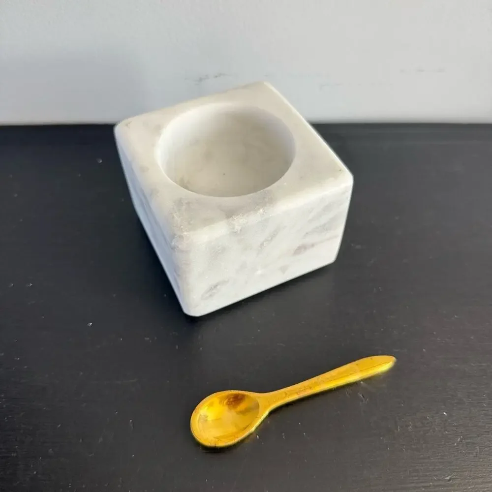 Unbranded | Square White Marble Salt Celler Bowl & Brass Spoon Pinch Pot Spice